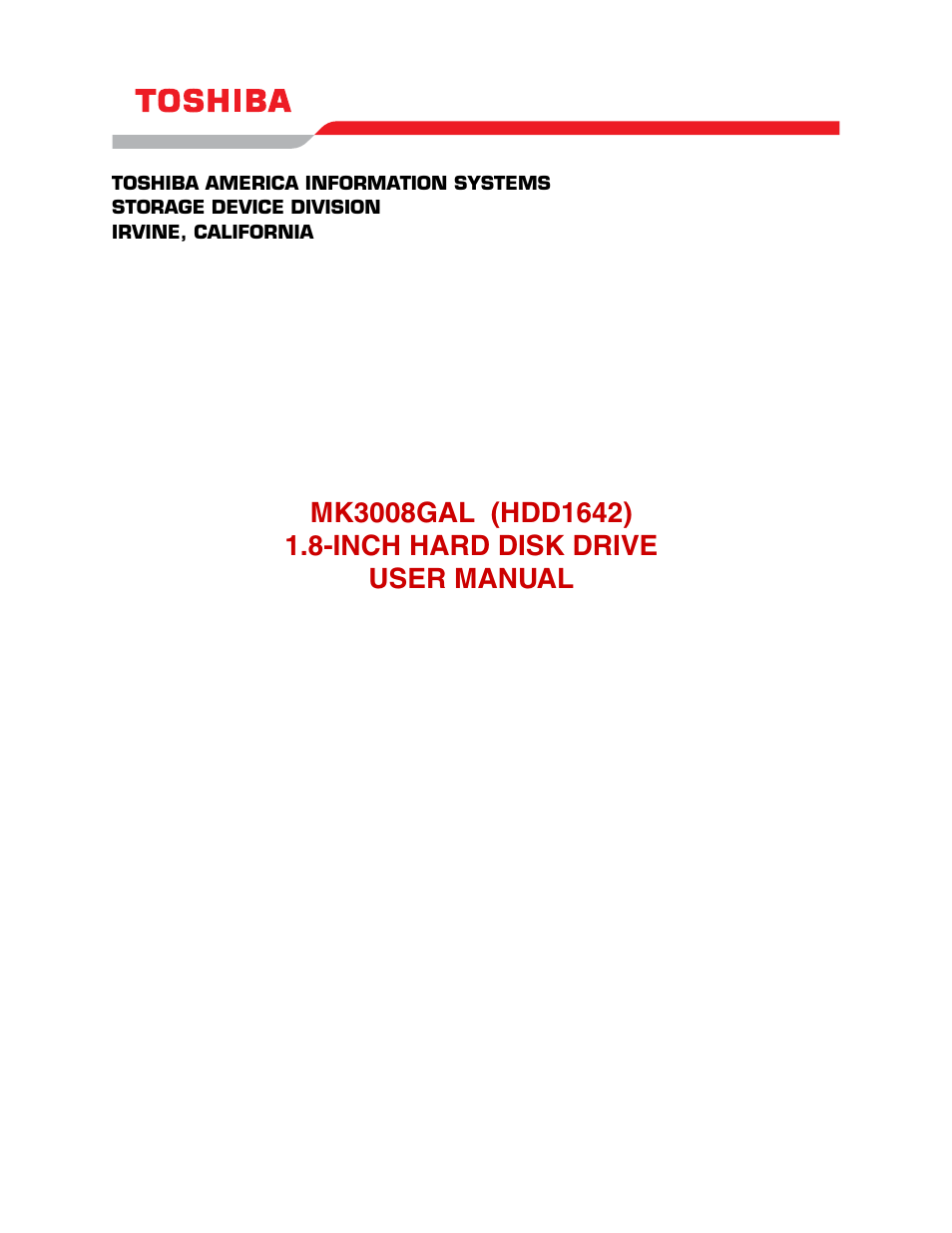 Toshiba Tohsiba 1.8-Inch Hard Disk Drive MK3008GAL (HDD1642) User Manual | 9 pages