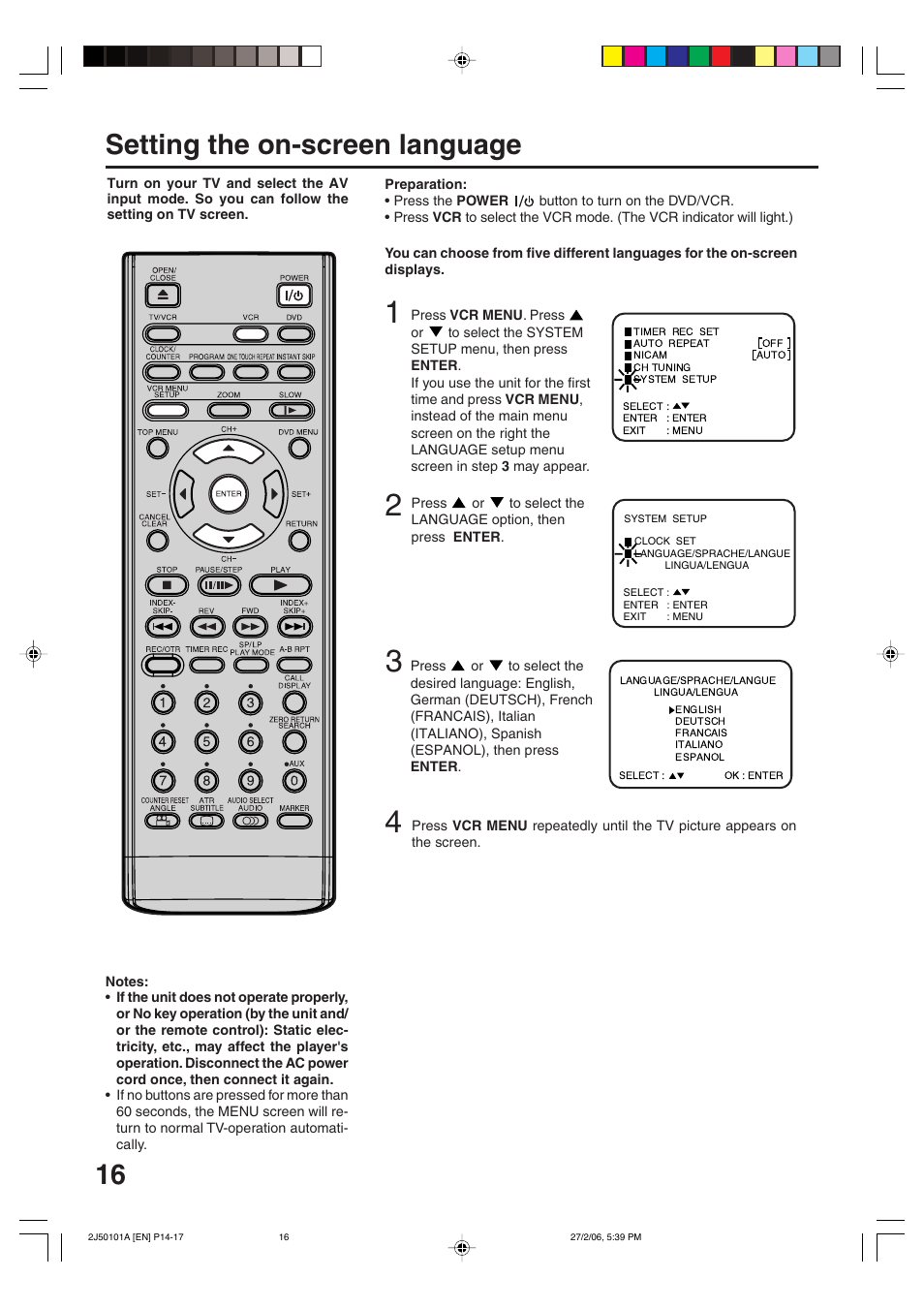 16 setting the on-screen language | Toshiba SD-37VBSB User Manual | Page 16 / 60