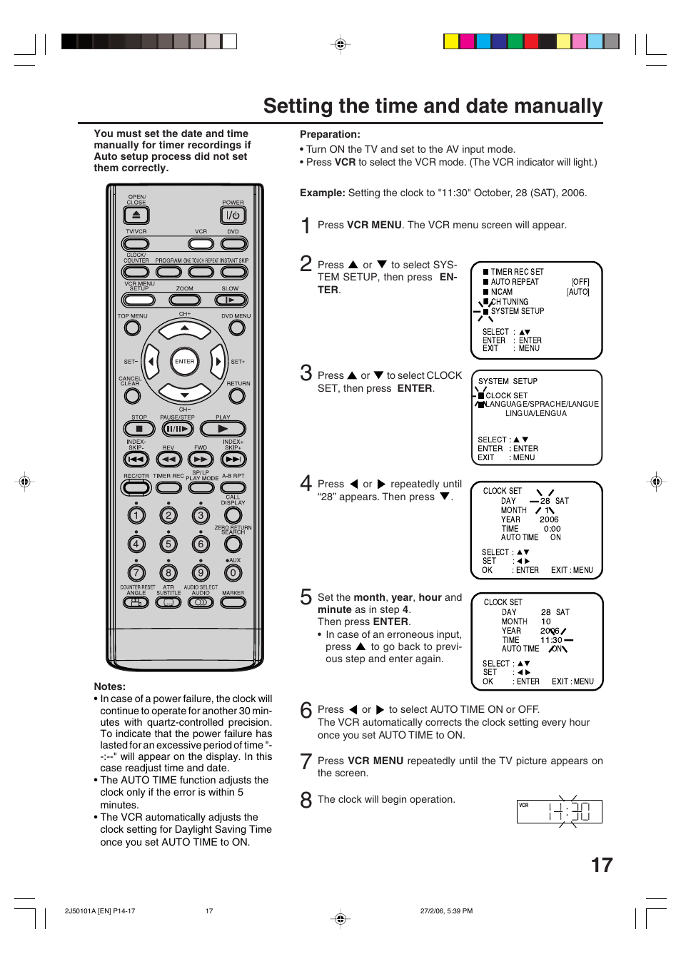 Setting the time and date manually | Toshiba SD-37VBSB User Manual | Page 17 / 60