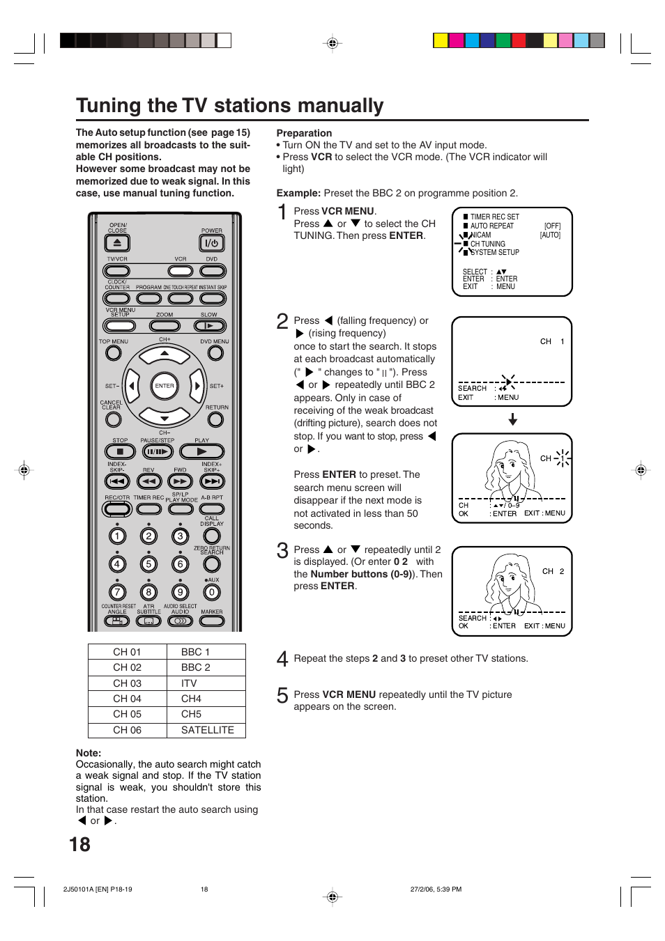 Tuning the tv stations manually | Toshiba SD-37VBSB User Manual | Page 18 / 60