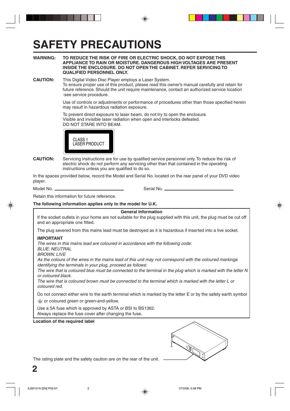 Safety precautions | Toshiba SD-37VBSB User Manual | Page 2 / 60