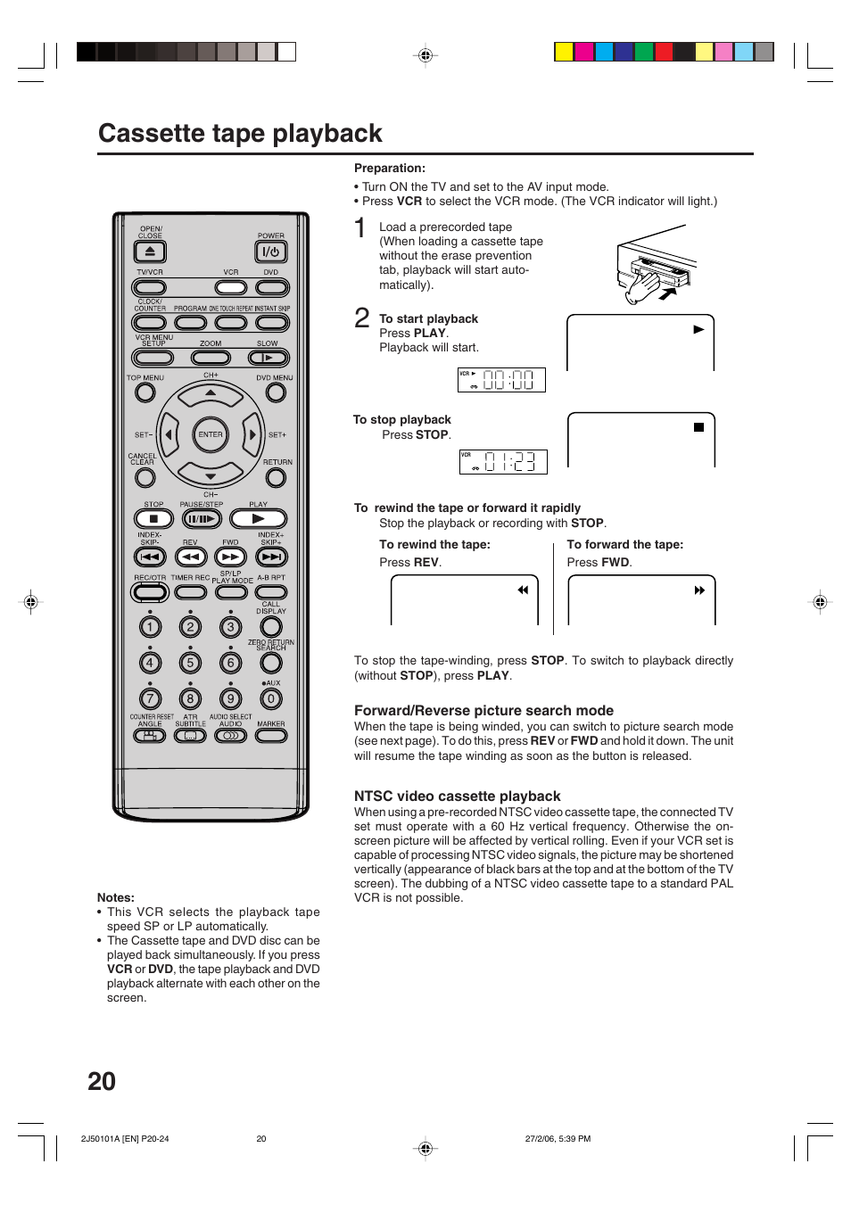 Cassette tape playback | Toshiba SD-37VBSB User Manual | Page 20 / 60