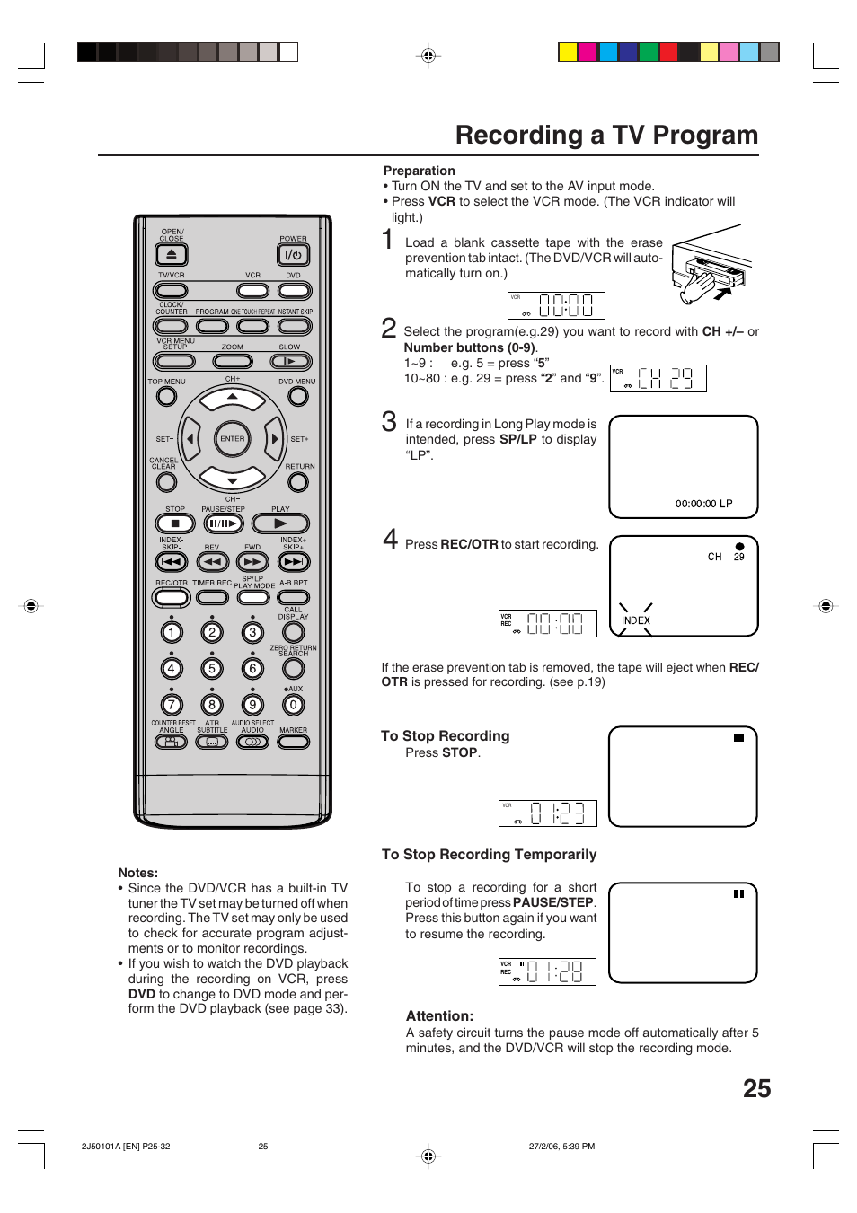 Recording a tv program | Toshiba SD-37VBSB User Manual | Page 25 / 60