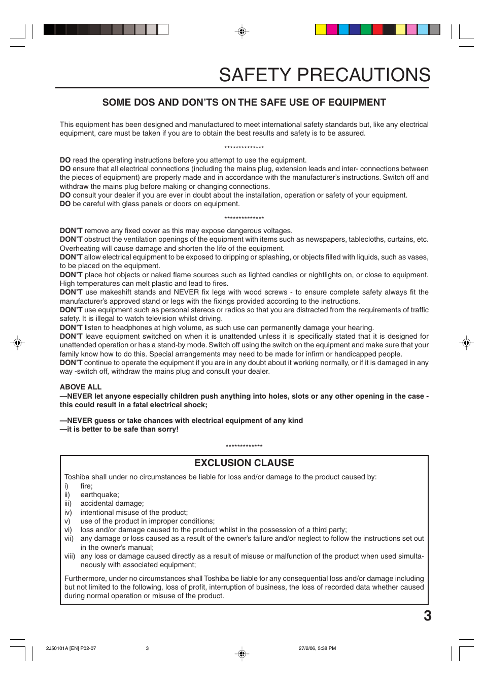 Safety precautions, Some dos and don’ts on the safe use of equipment, Exclusion clause | Toshiba SD-37VBSB User Manual | Page 3 / 60