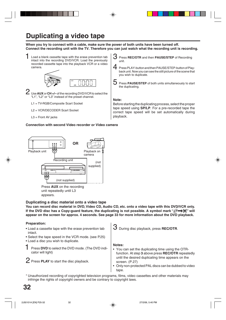 Duplicating a video tape | Toshiba SD-37VBSB User Manual | Page 32 / 60