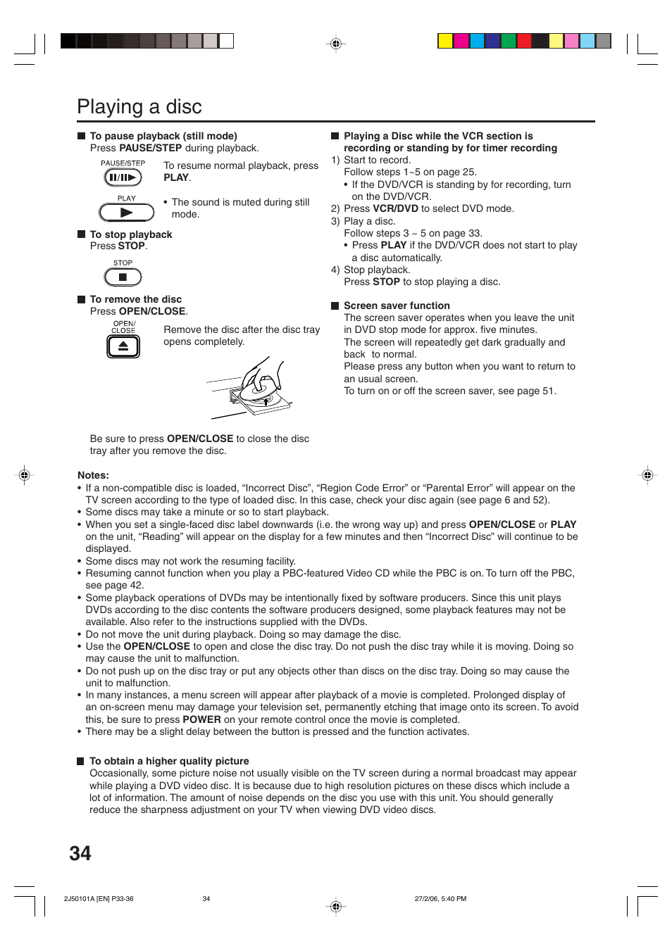 Playing a disc | Toshiba SD-37VBSB User Manual | Page 34 / 60