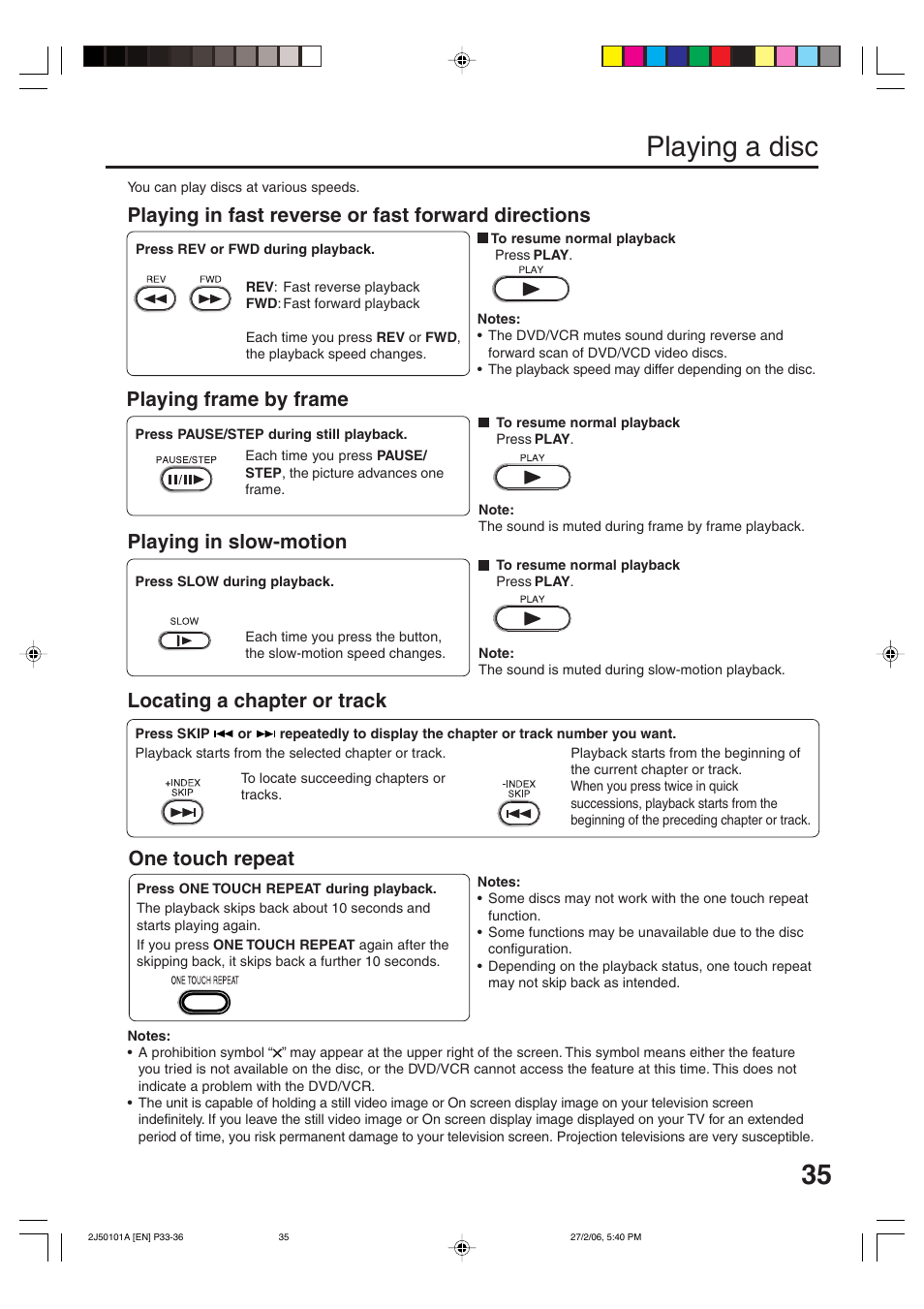 Playing a disc, Locating a chapter or track playing in slow-motion, One touch repeat | Toshiba SD-37VBSB User Manual | Page 35 / 60