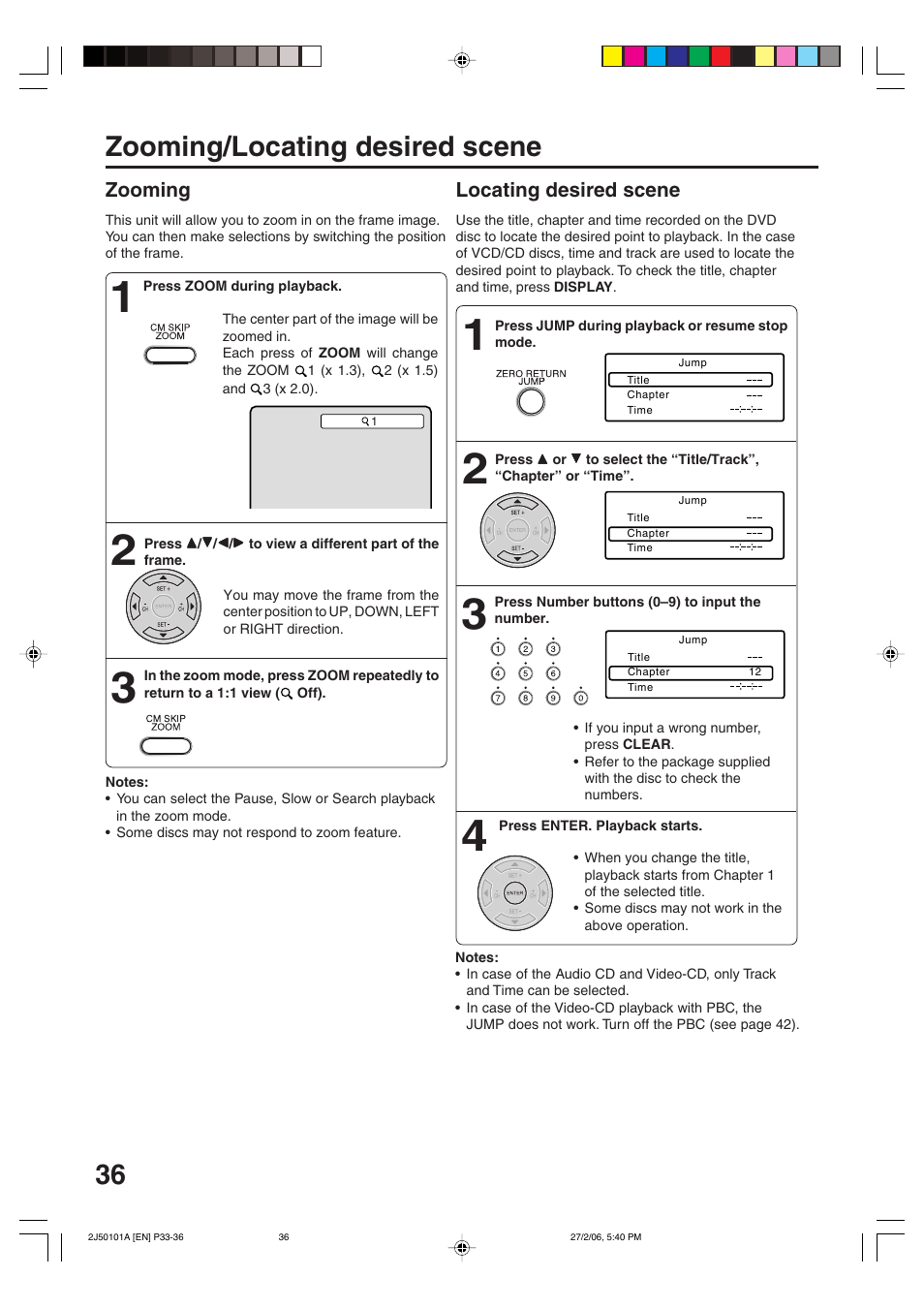 Zooming/locating desired scene, Zooming, Locating desired scene | Toshiba SD-37VBSB User Manual | Page 36 / 60