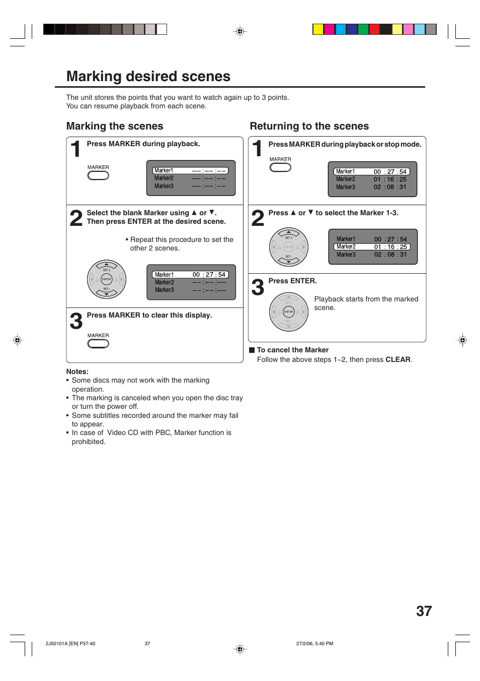 Marking desired scenes, Marking the scenes returning to the scenes | Toshiba SD-37VBSB User Manual | Page 37 / 60