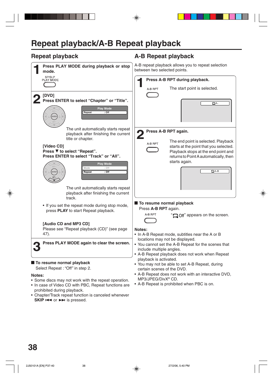 Repeat playback/a-b repeat playback, Repeat playback, A-b repeat playback | Toshiba SD-37VBSB User Manual | Page 38 / 60
