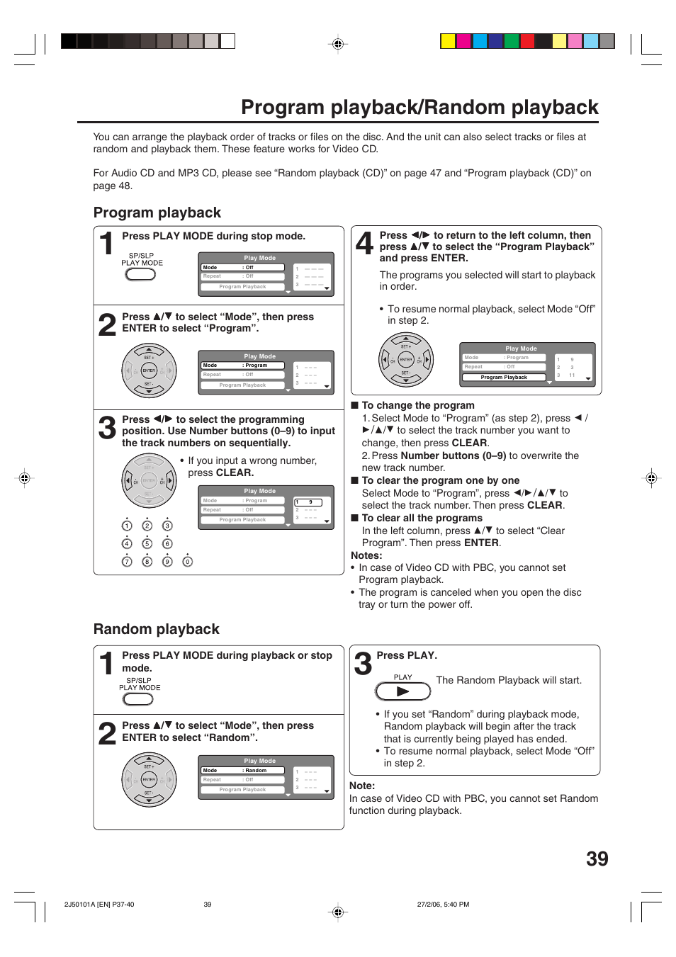 Program playback/random playback, Random playback, Program playback | Toshiba SD-37VBSB User Manual | Page 39 / 60