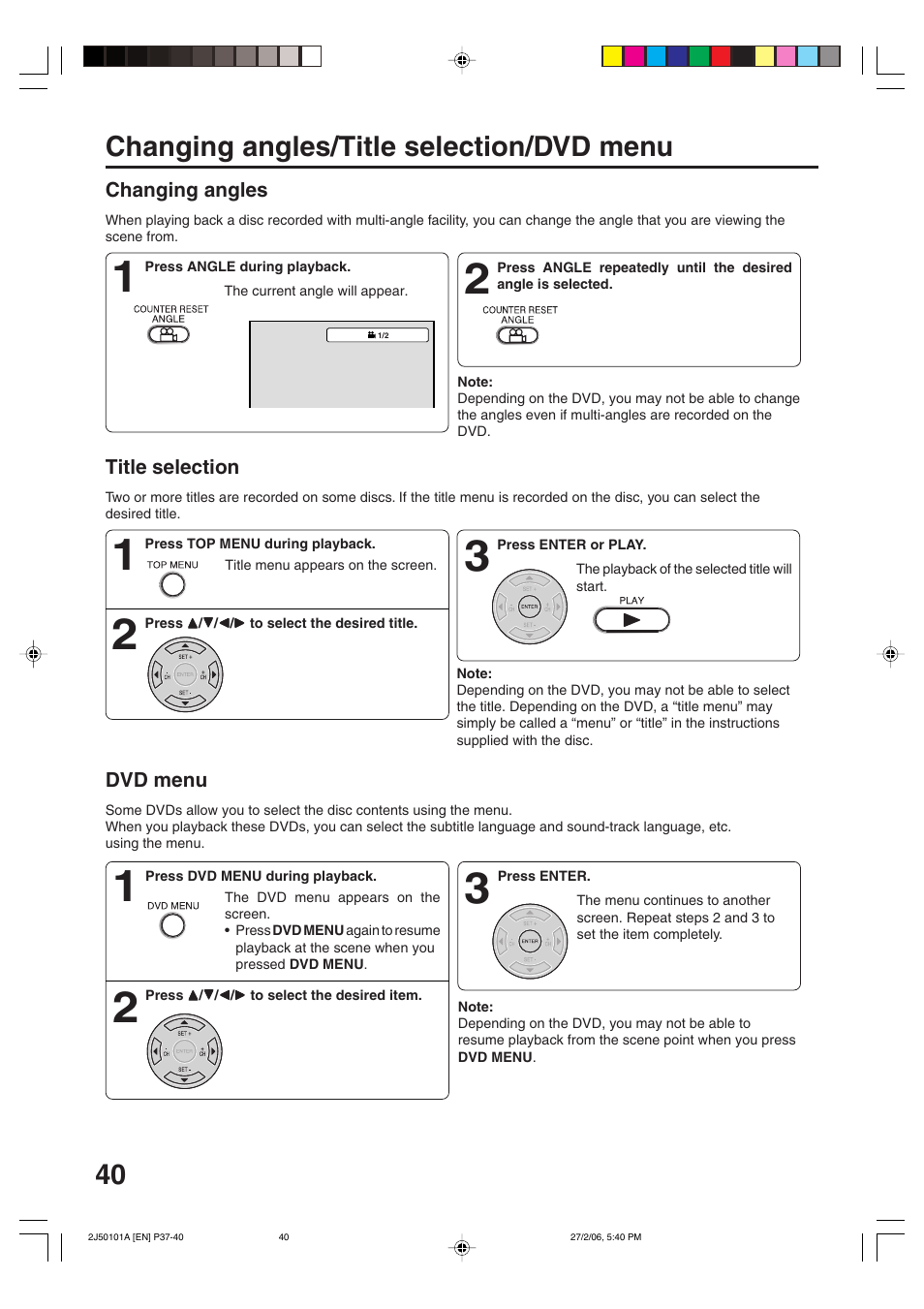 Changing angles/title selection/dvd menu | Toshiba SD-37VBSB User Manual | Page 40 / 60