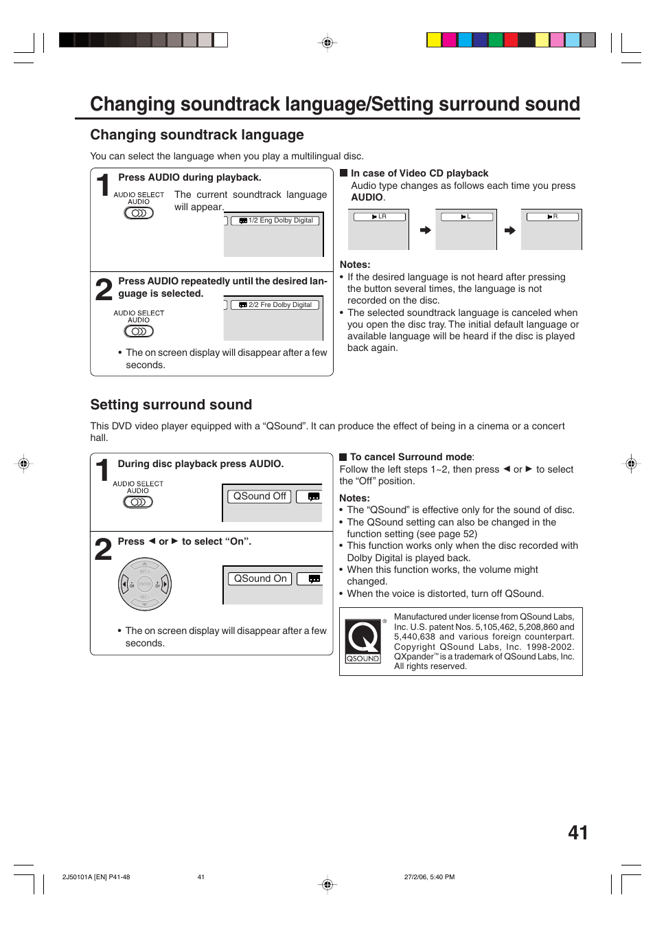 Changing soundtrack language, Setting surround sound | Toshiba SD-37VBSB User Manual | Page 41 / 60