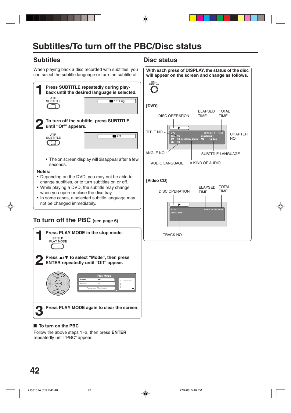 42 subtitles/to turn off the pbc/disc status, Subtitles, Disc status | Toshiba SD-37VBSB User Manual | Page 42 / 60