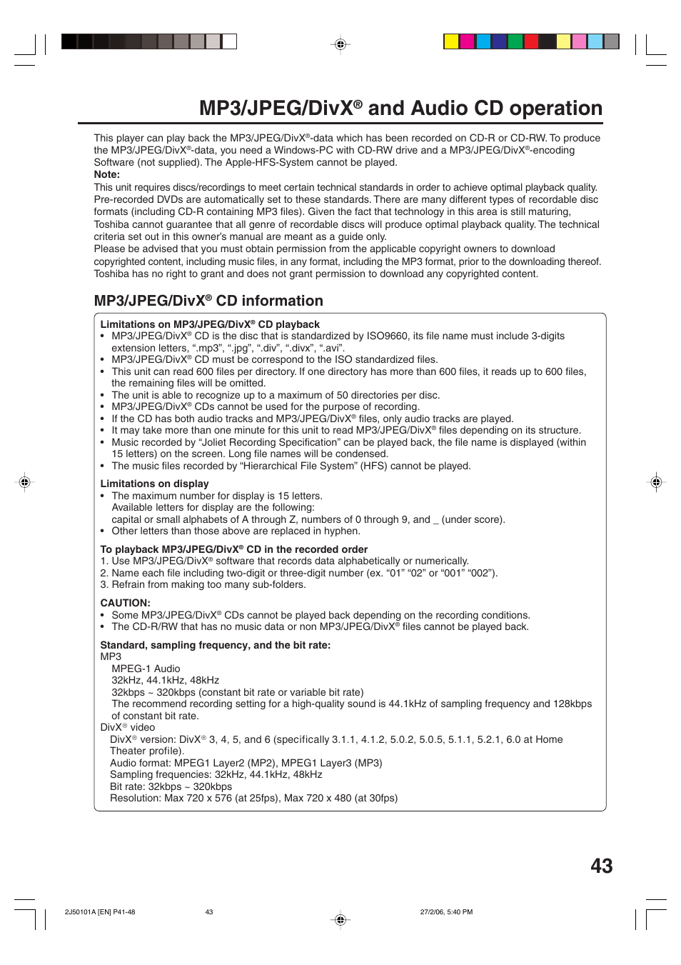 43 mp3/jpeg/divx, And audio cd operation, Mp3/jpeg/divx | Cd information | Toshiba SD-37VBSB User Manual | Page 43 / 60