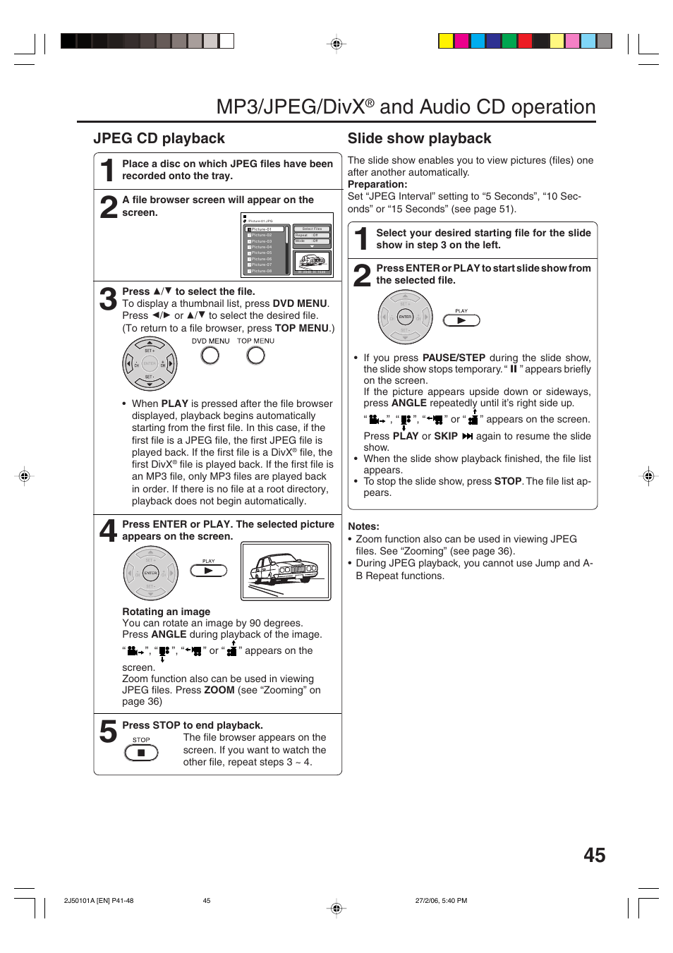 Mp3/jpeg/divx, And audio cd operation, Jpeg cd playback | Slide show playback | Toshiba SD-37VBSB User Manual | Page 45 / 60