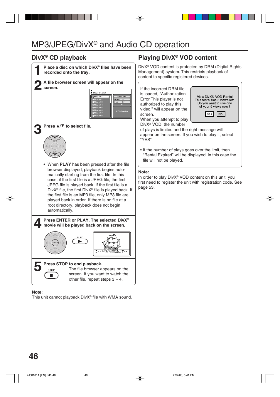 Mp3/jpeg/divx, And audio cd operation, Divx | Cd playback playing divx, Vod content | Toshiba SD-37VBSB User Manual | Page 46 / 60