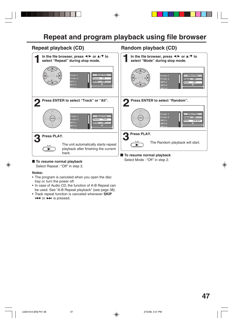 Repeat and program playback using file browser, Repeat playback (cd), Random playback (cd) | Toshiba SD-37VBSB User Manual | Page 47 / 60