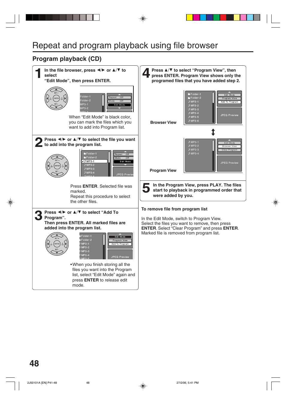 Repeat and program playback using file browser, Program playback (cd) | Toshiba SD-37VBSB User Manual | Page 48 / 60