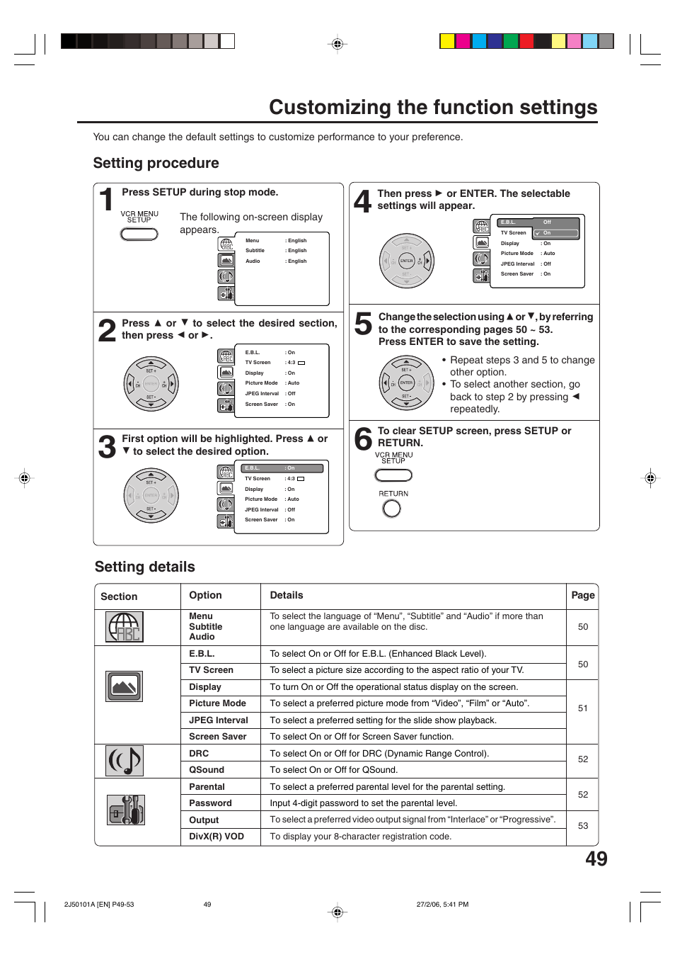 Customizing the function settings, Setting procedure setting details, Details | Page | Toshiba SD-37VBSB User Manual | Page 49 / 60