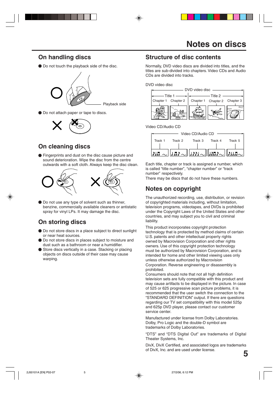 On handling discs, On cleaning discs, On storing discs | Structure of disc contents | Toshiba SD-37VBSB User Manual | Page 5 / 60