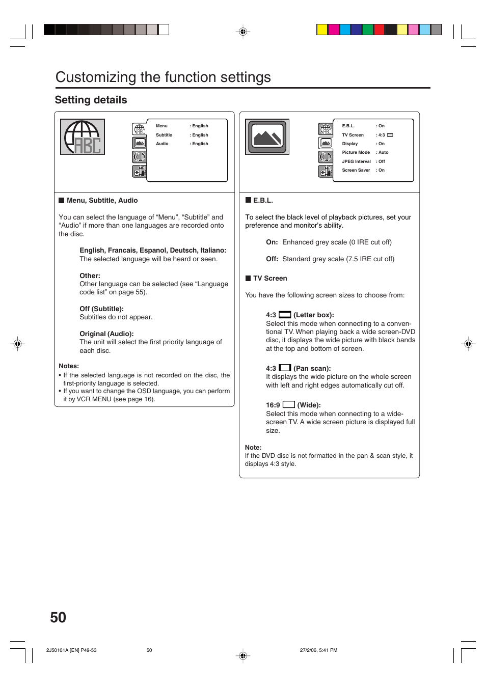 Customizing the function settings, Setting details | Toshiba SD-37VBSB User Manual | Page 50 / 60