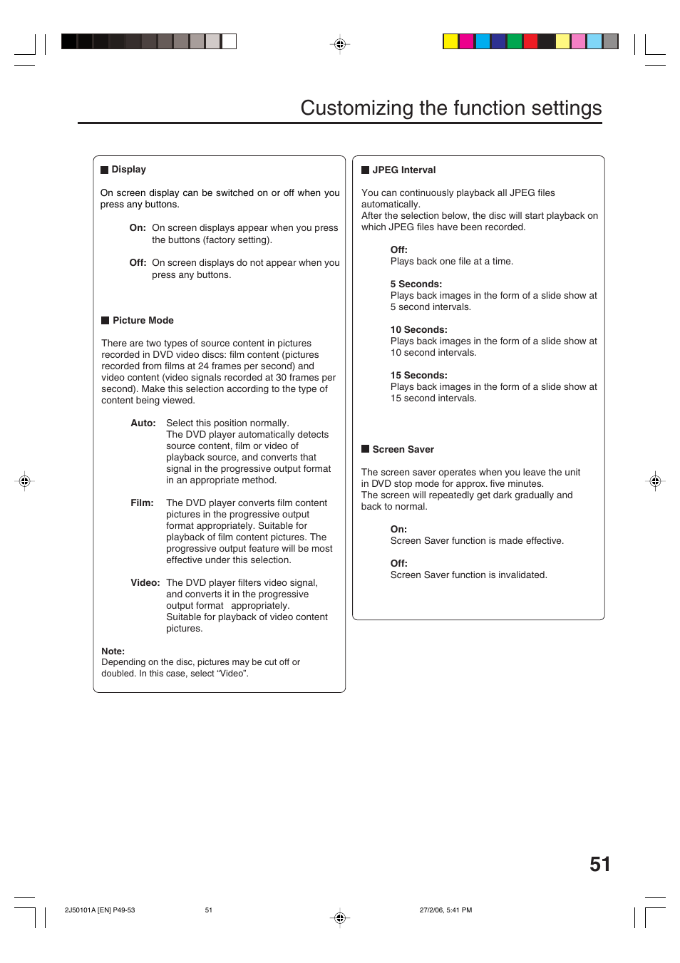 Customizing the function settings | Toshiba SD-37VBSB User Manual | Page 51 / 60