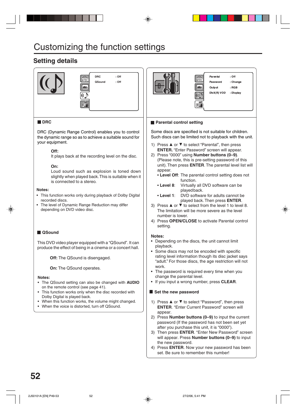 Customizing the function settings, Setting details | Toshiba SD-37VBSB User Manual | Page 52 / 60