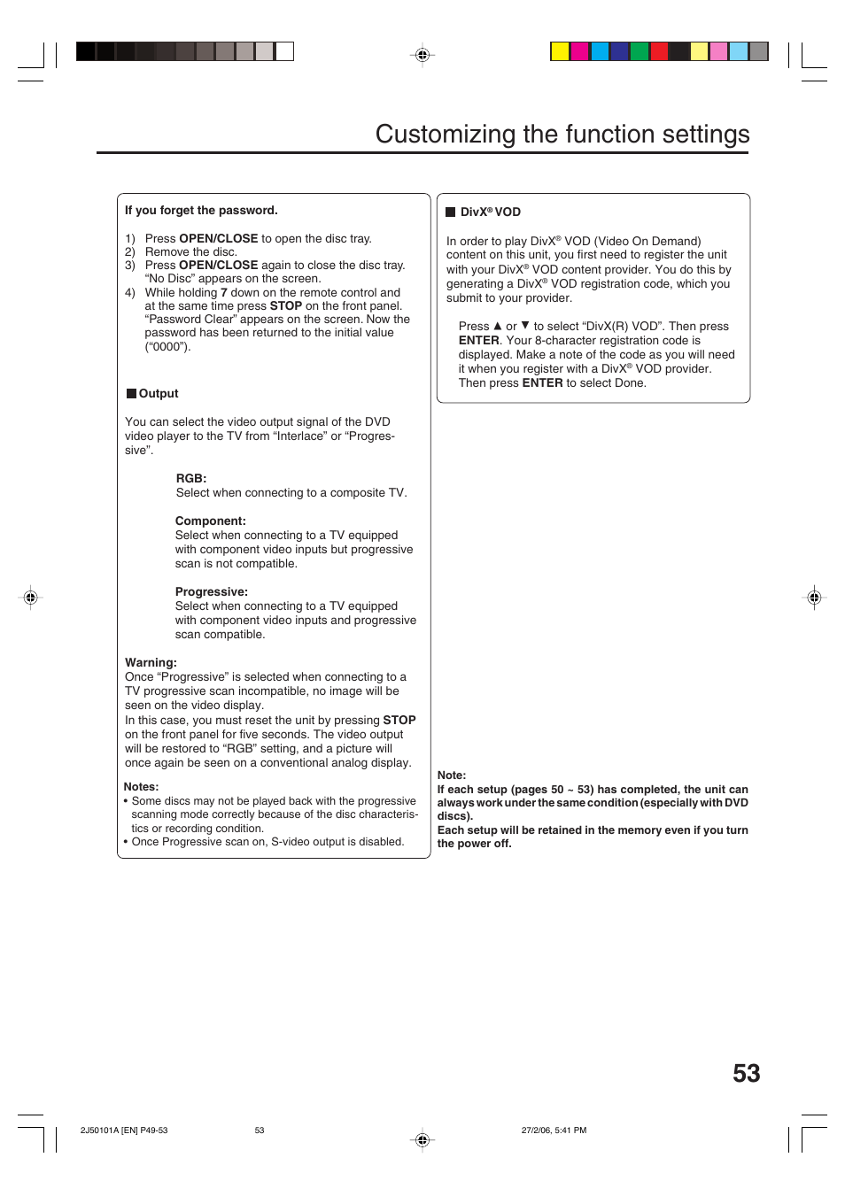 Customizing the function settings | Toshiba SD-37VBSB User Manual | Page 53 / 60