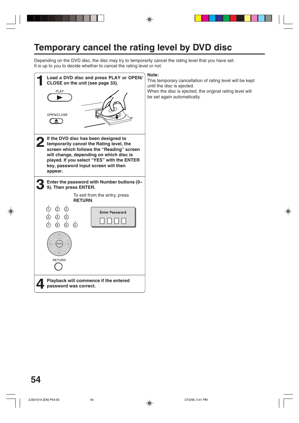 54 temporary cancel the rating level by dvd disc | Toshiba SD-37VBSB User Manual | Page 54 / 60