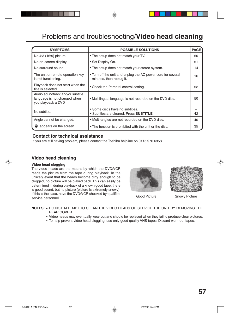 Problems and troubleshooting/ video head cleaning, Video head cleaning, Contact for technical assistance | Toshiba SD-37VBSB User Manual | Page 57 / 60