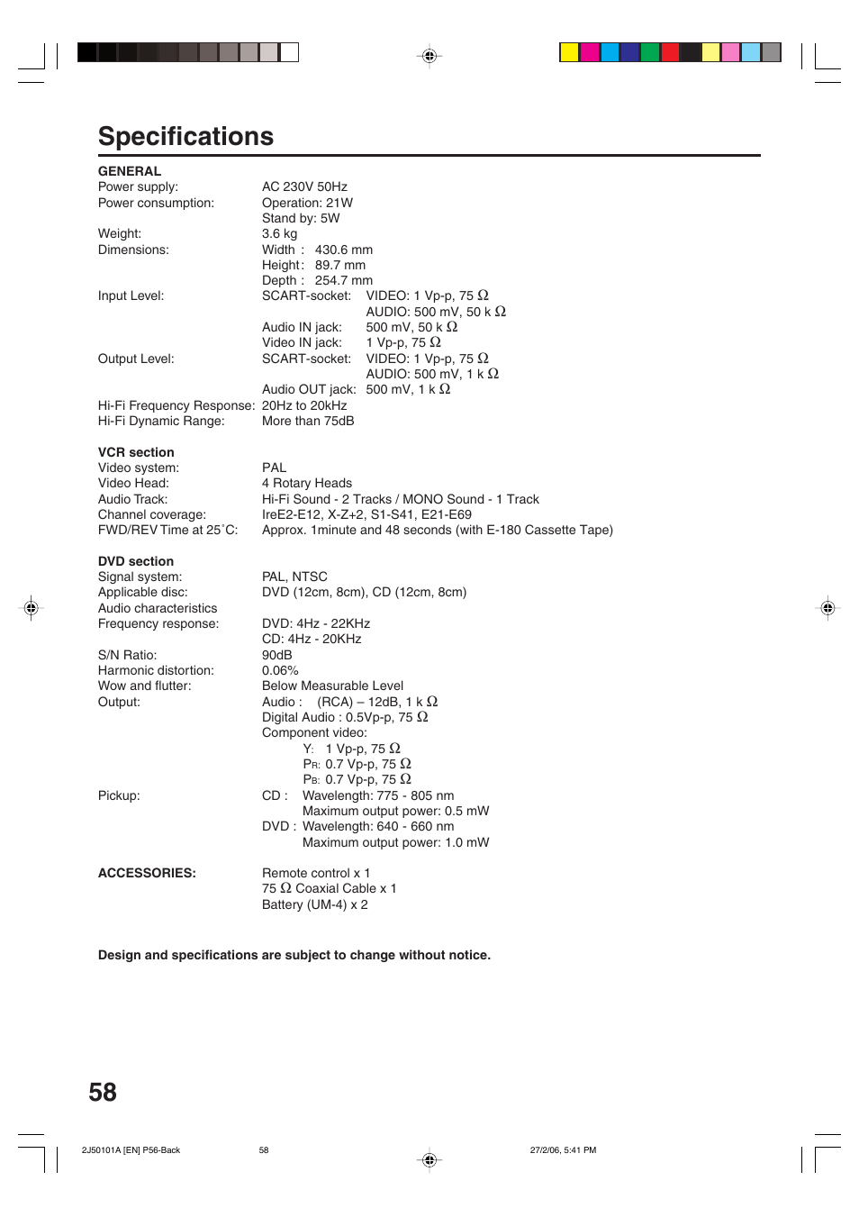 Specifications | Toshiba SD-37VBSB User Manual | Page 58 / 60