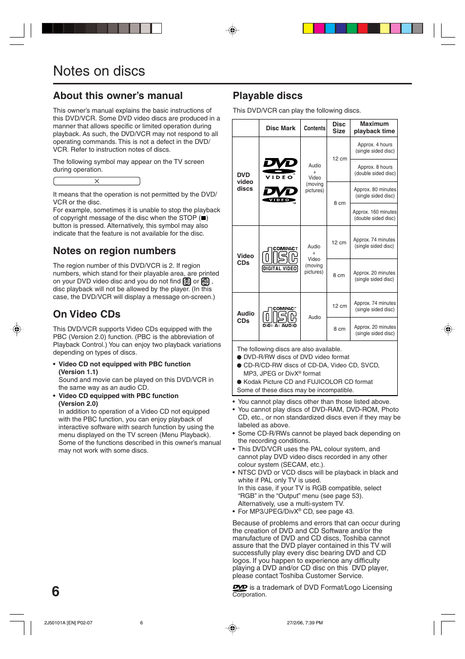 About this owner’s manual, On video cds, Playable discs | Toshiba SD-37VBSB User Manual | Page 6 / 60