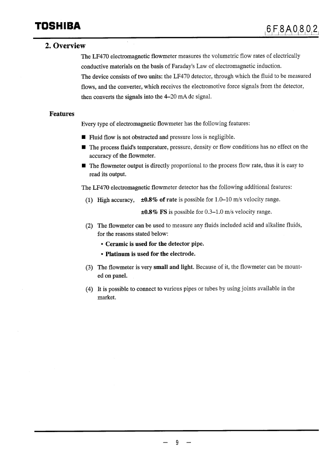 Overview, Features, Platinum is used for the electrode | Toshiba | Toshiba LF470 User Manual | Page 10 / 39