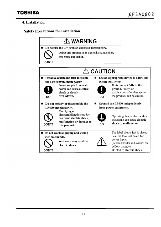 Installation, Safety precautions for installation, Warning | Caution, Toshiba | Toshiba LF470 User Manual | Page 12 / 39