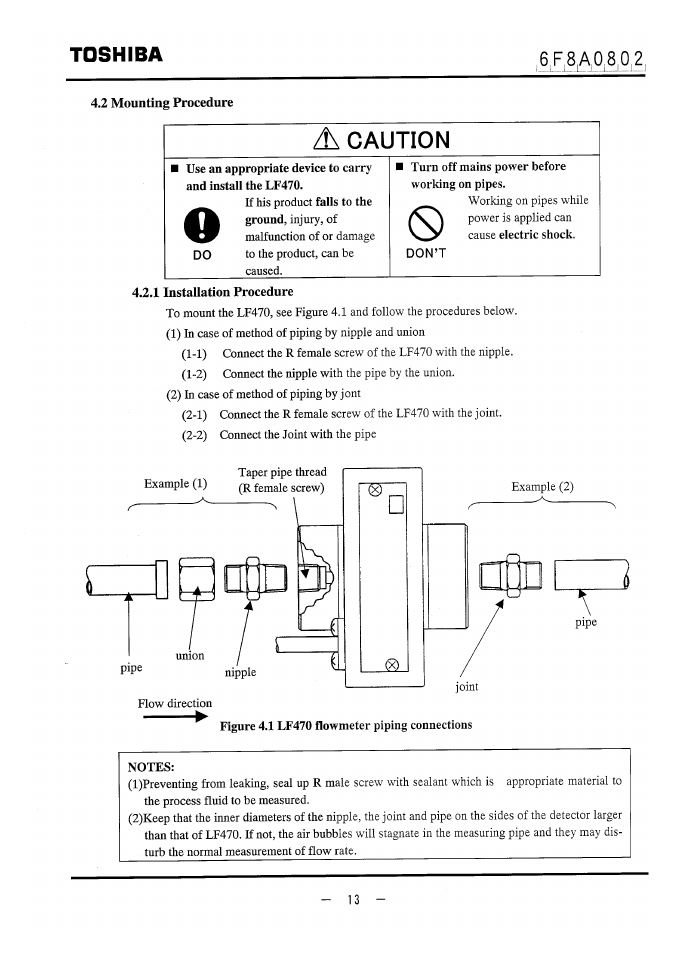 2 mounting procedure, 1 installation procedure, Caution | Toshiba | Toshiba LF470 User Manual | Page 14 / 39