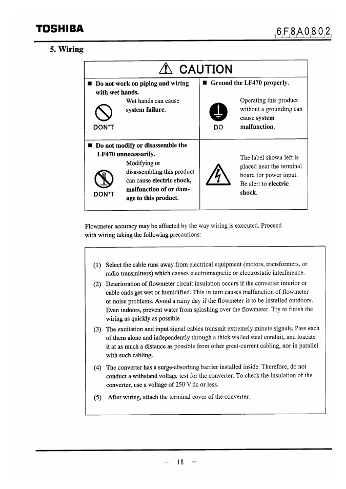 Wiring, A caution, Toshiba | Toshiba LF470 User Manual | Page 19 / 39