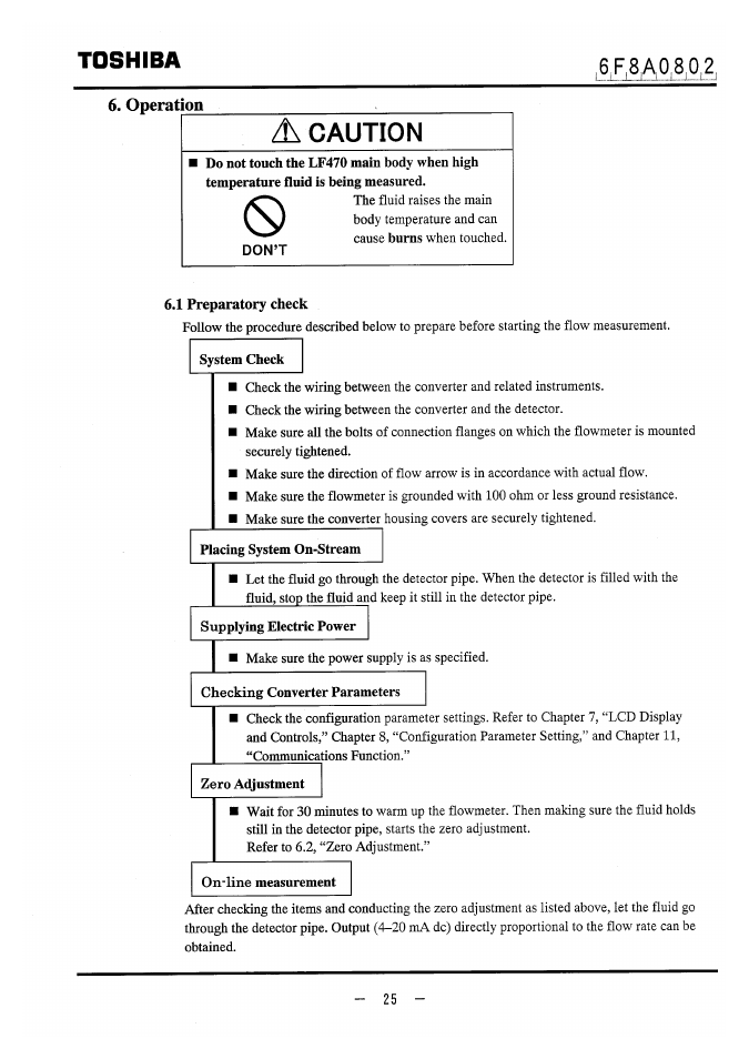 Operation, Don’t, 1 preparatory check | System check, Placing system on-stream, Supplying electric power, Checking converter parameters, Zero adjustment, On-line measurement, Caution | Toshiba LF470 User Manual | Page 26 / 39