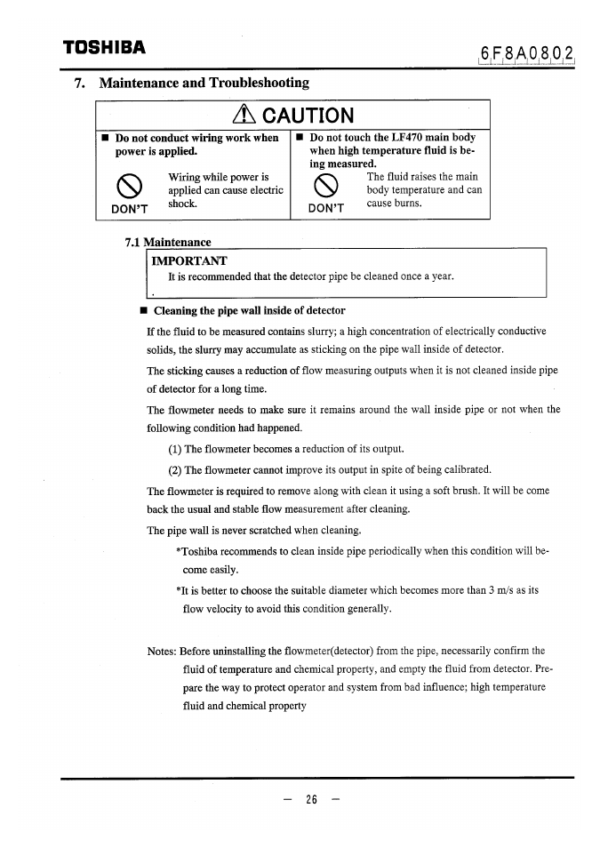 6p,8a0,8,0,2, Maintenance and troubleshooting, 1 maintenance important | Cleaning the pipe wall inside of detector, Caution, Toshiba | Toshiba LF470 User Manual | Page 27 / 39