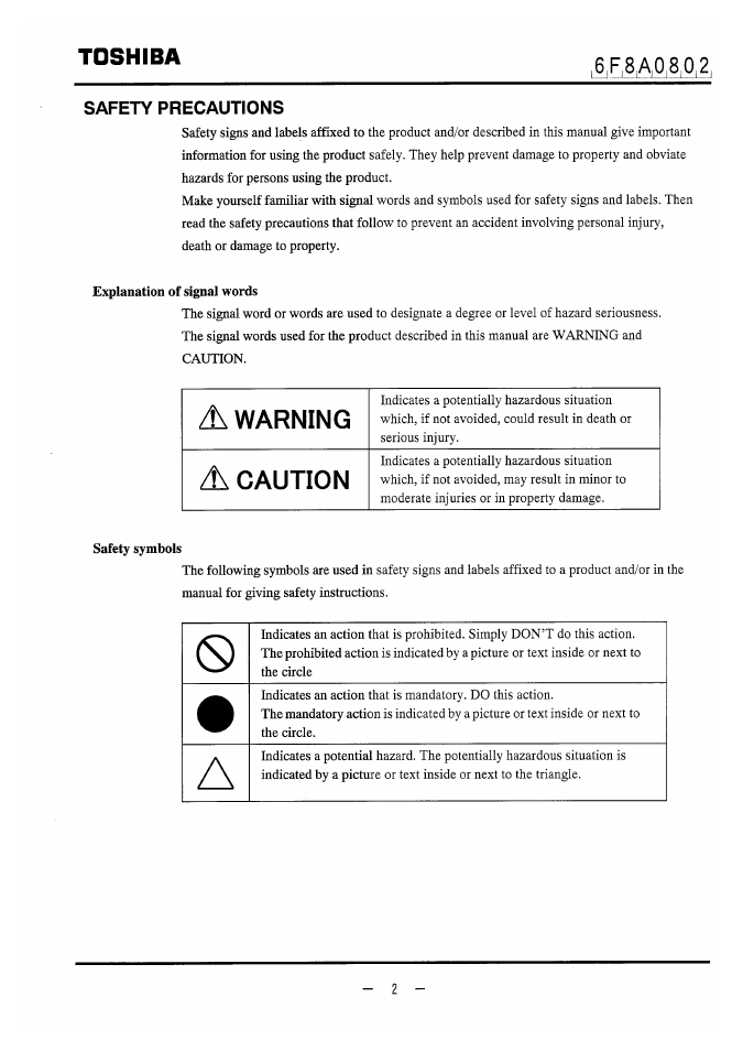 Safety precautions, Explanation of signal words, Safety symbols | A warning, Caution, Toshiba | Toshiba LF470 User Manual | Page 3 / 39