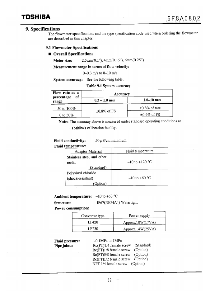 Specifications, Fluid conductivity, Ambient temperature | Structure, Toshiba | Toshiba LF470 User Manual | Page 33 / 39