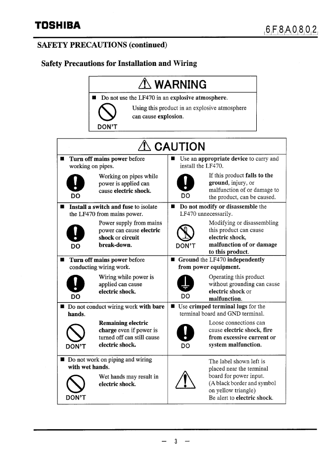 Safety precautions (continued), Safety precautions for installation and wiring, Warning | Caution, Toshiba | Toshiba LF470 User Manual | Page 4 / 39