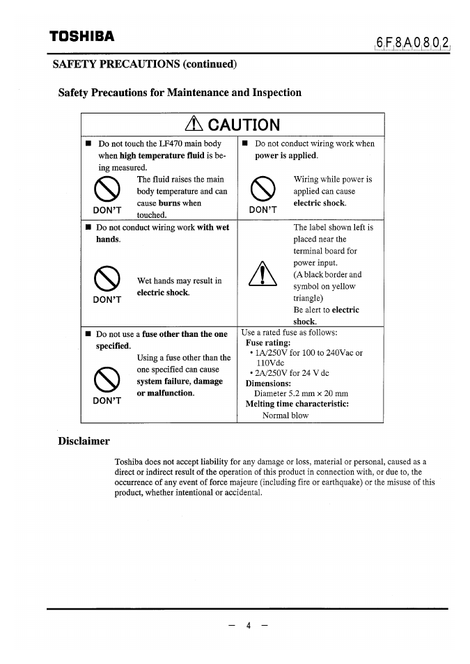 6,f,8a0^80^2, Safety precautions (continued), Safety precautions for maintenance and inspection | Disclaimer, Caution, Toshiba | Toshiba LF470 User Manual | Page 5 / 39