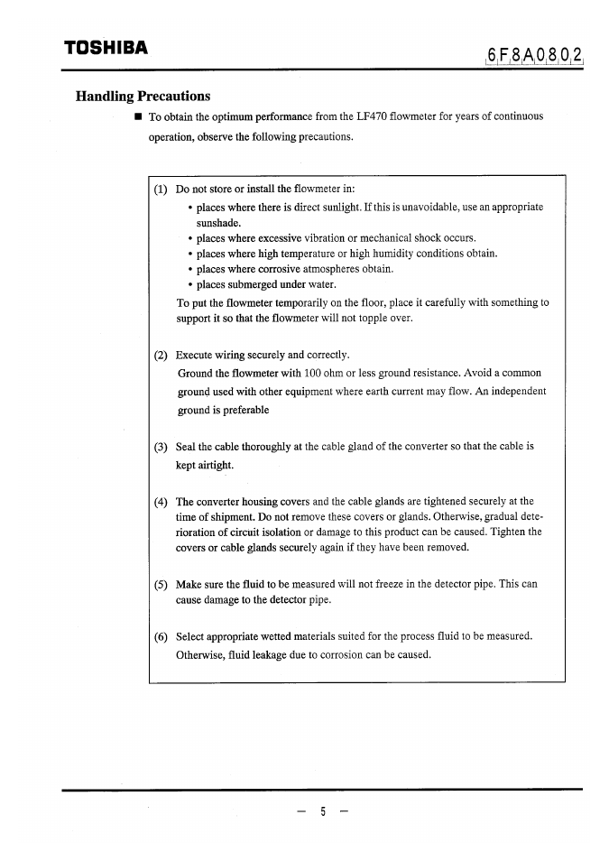 Handling precautions, Toshiba | Toshiba LF470 User Manual | Page 6 / 39