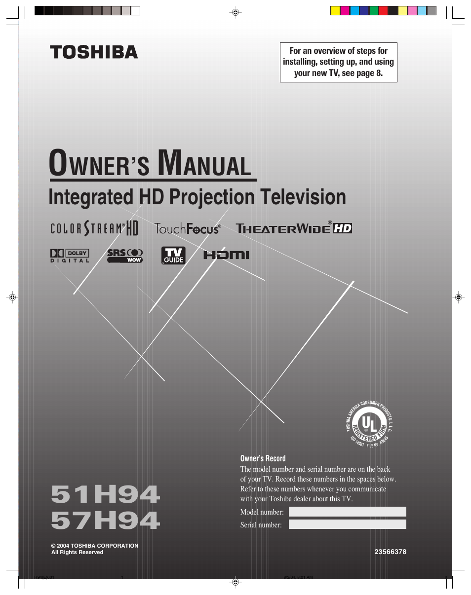 Toshiba 51H94 User Manual | 104 pages