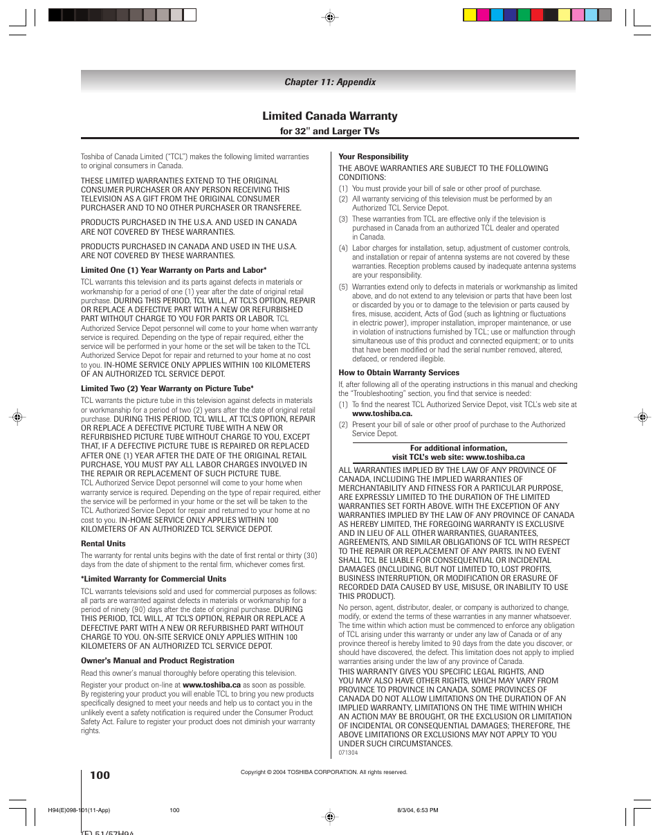 Limited canada warranty | Toshiba 51H94 User Manual | Page 100 / 104