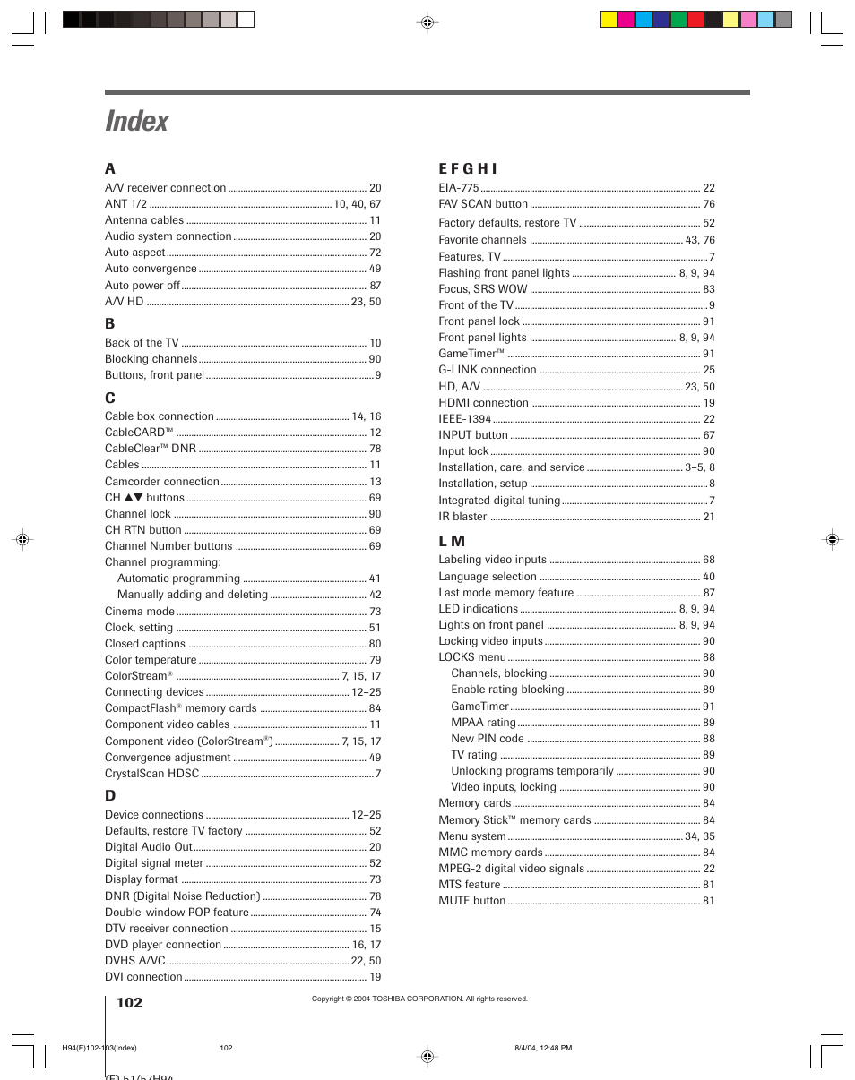 Index | Toshiba 51H94 User Manual | Page 102 / 104