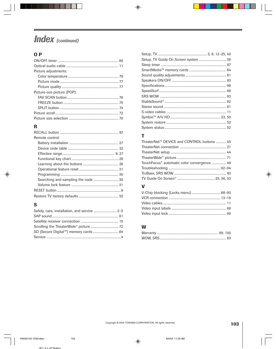 Index | Toshiba 51H94 User Manual | Page 103 / 104
