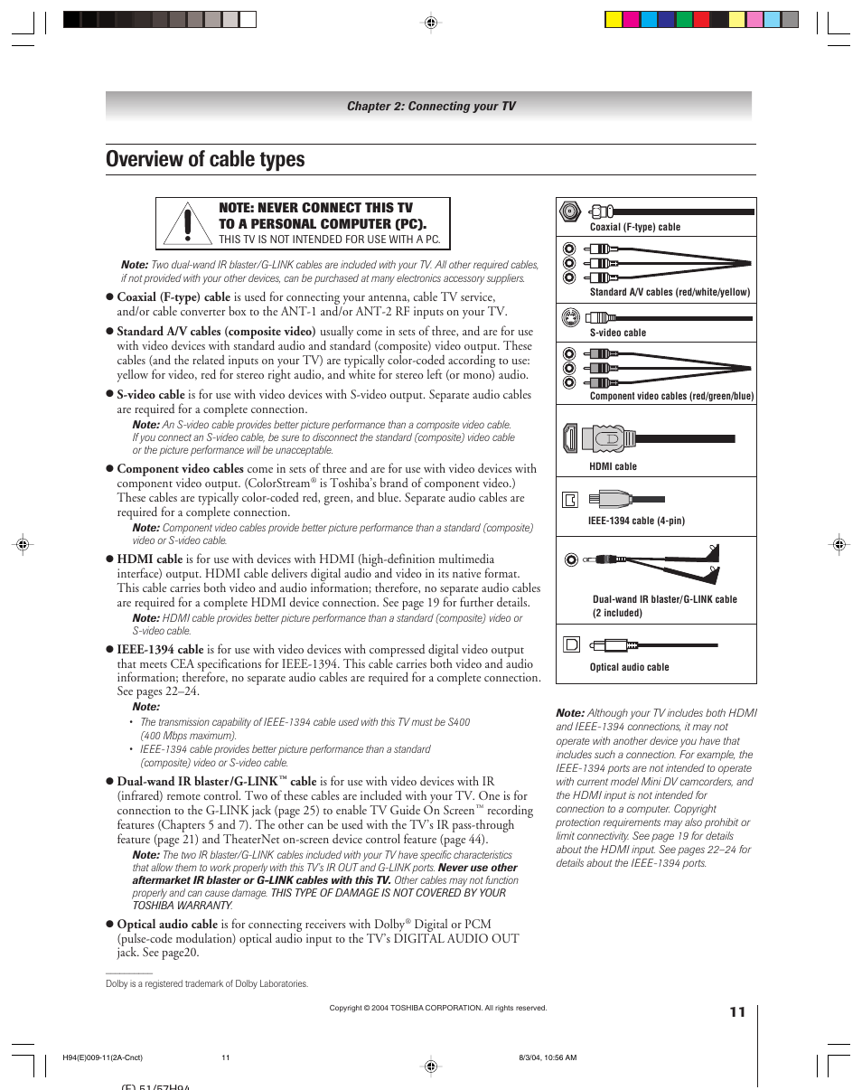 Overview of cable types | Toshiba 51H94 User Manual | Page 11 / 104