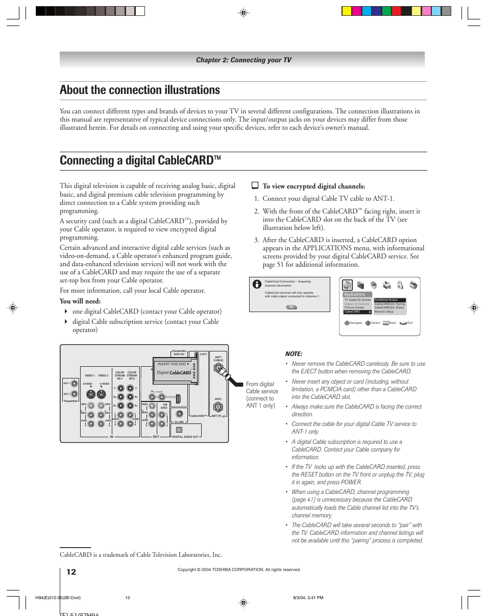 About the connection illustrations, Connecting a digital cablecard, Chapter 2: connecting your tv | Toshiba 51H94 User Manual | Page 12 / 104